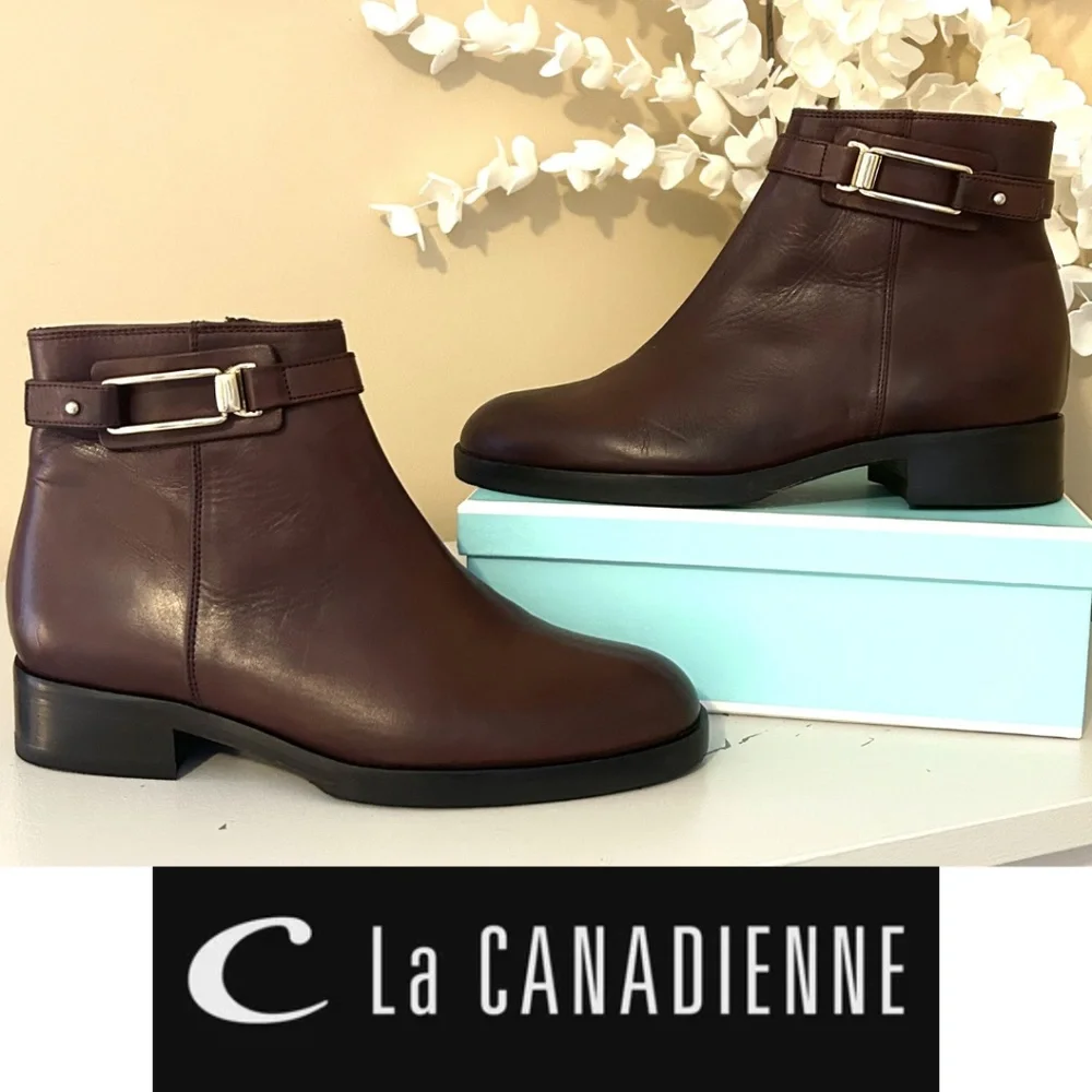 Like New La Canadienne Brown Leather Ankle Boot with Buckle Strap Size 36 - Picture 1 of 16